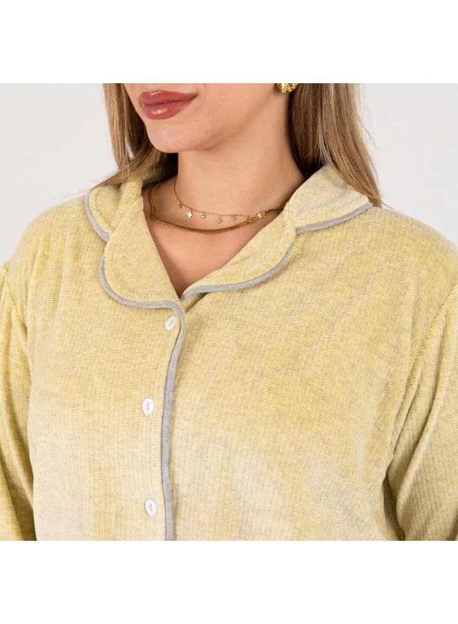 Velvet Elegance Plush Pajama Set Classic Shirt Design Light Yellow