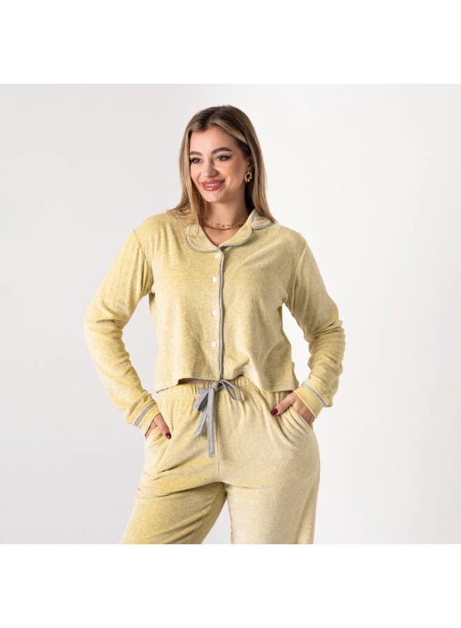 Velvet Elegance Plush Pajama Set Classic Shirt Design Light Yellow