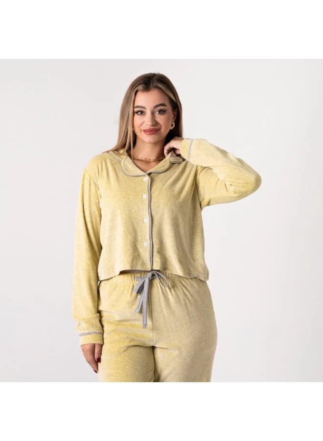 Velvet Elegance Plush Pajama Set Classic Shirt Design Light Yellow