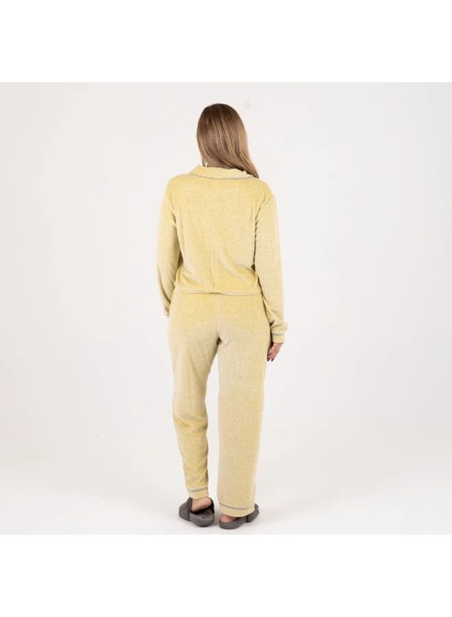 Velvet Elegance Plush Pajama Set Classic Shirt Design Light Yellow