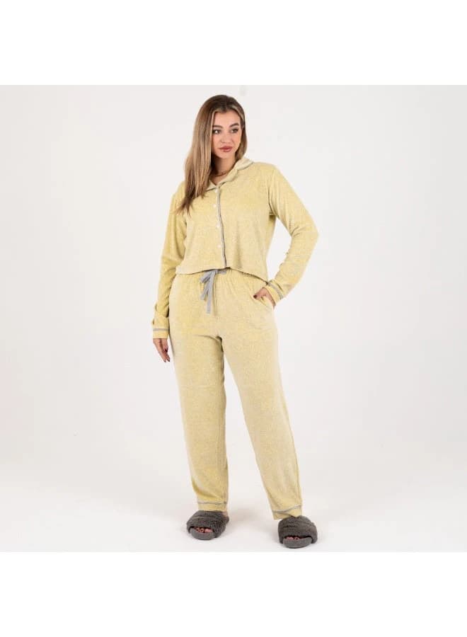 Velvet Elegance Plush Pajama Set Classic Shirt Design Light Yellow