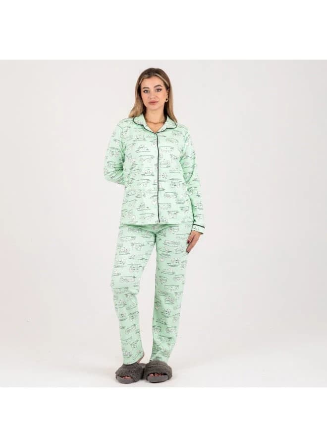 ZECOTEX Soft Milton Printed Pajama Set Light Green