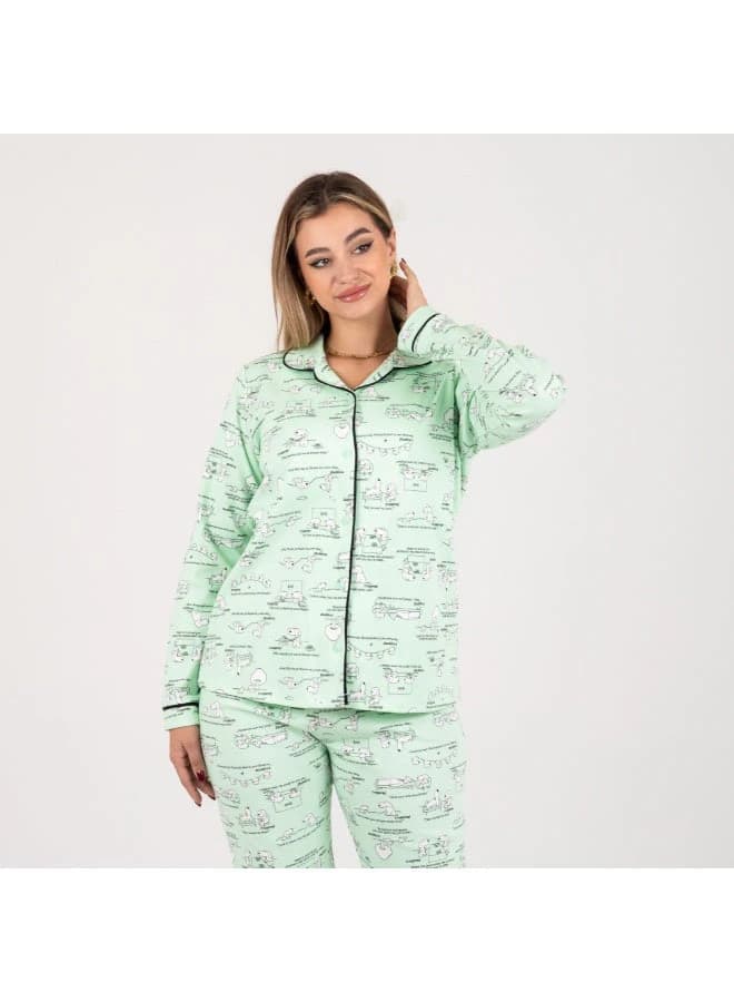 ZECOTEX Soft Milton Printed Pajama Set Light Green