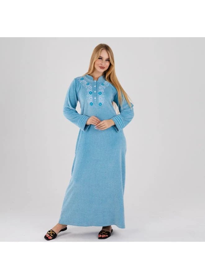 Sky Blue Velour Winter Galabeya with Soft Embroidery