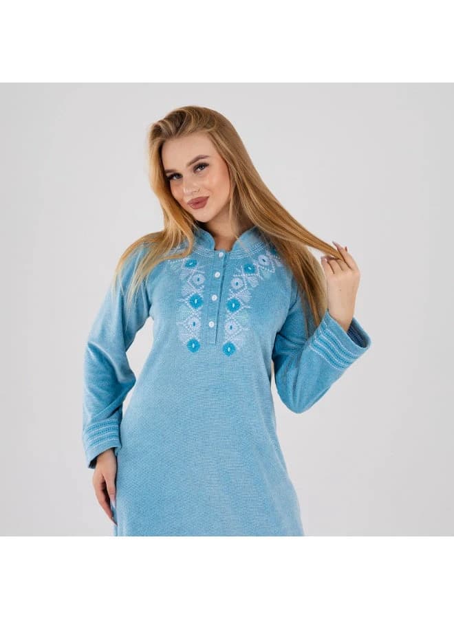Sky Blue Velour Winter Galabeya with Soft Embroidery