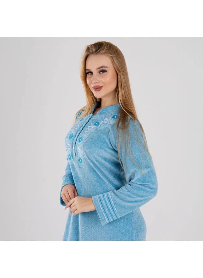 Sky Blue Velour Winter Galabeya with Soft Embroidery