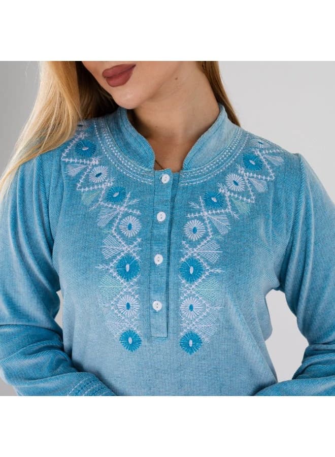 Sky Blue Velour Winter Galabeya with Soft Embroidery