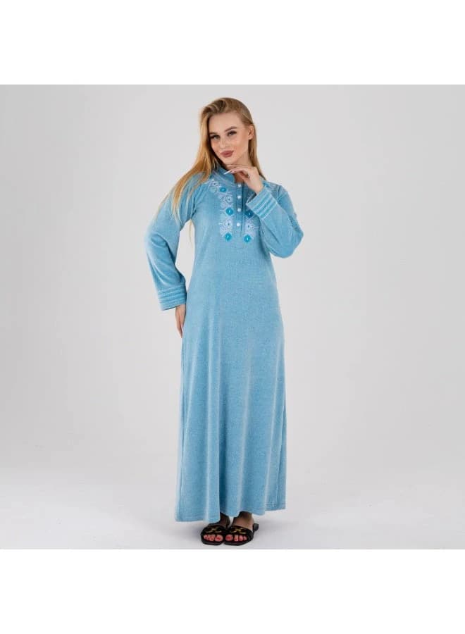 Sky Blue Velour Winter Galabeya with Soft Embroidery