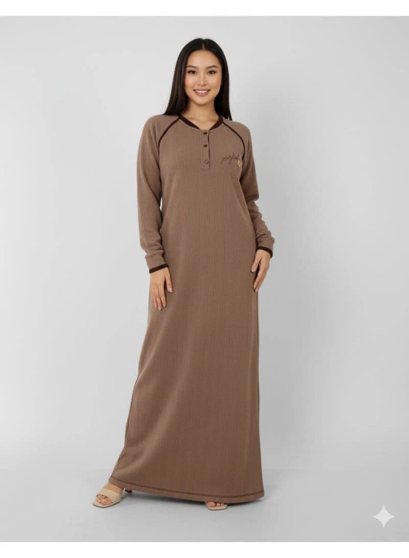ZECOTEX Light Brown Ribbed Cashmere Winter Home Dress Galabeya