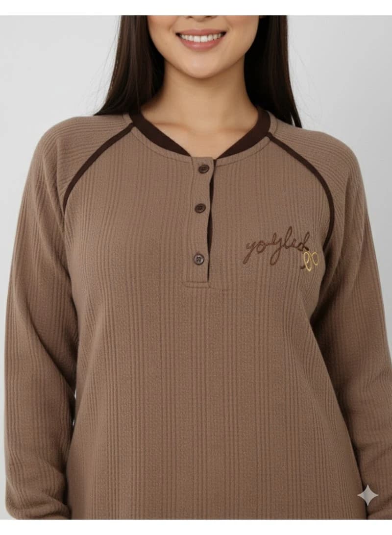 ZECOTEX Light Brown Ribbed Cashmere Winter Home Dress Galabeya
