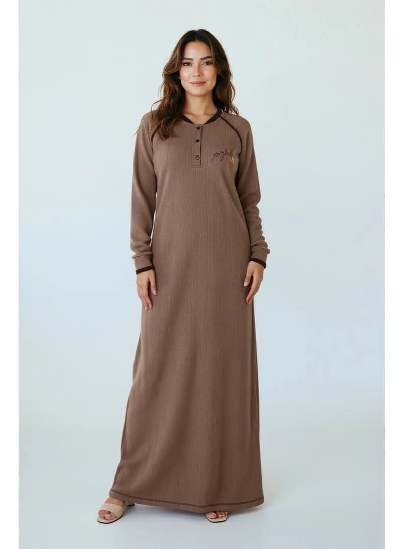 ZECOTEX Light Brown Ribbed Cashmere Winter Home Dress Galabeya