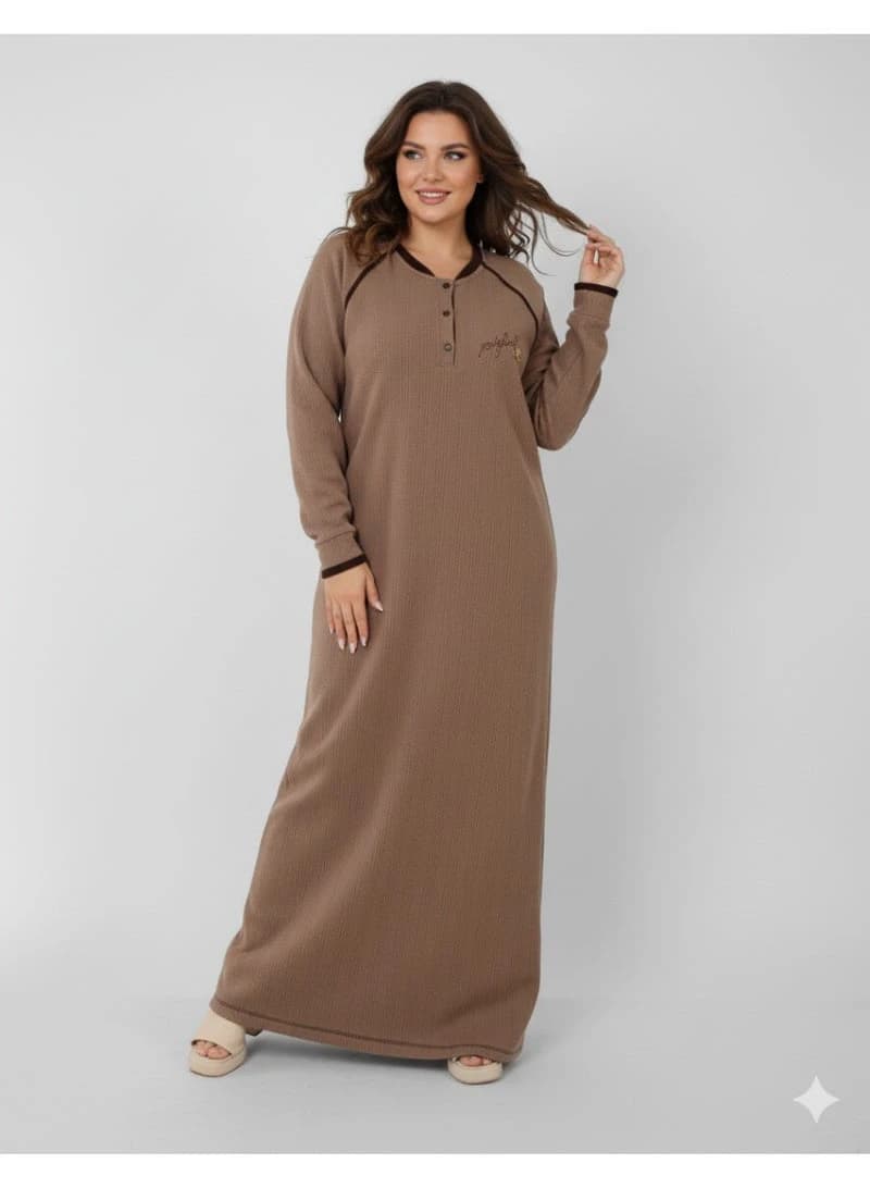 ZECOTEX Light Brown Ribbed Cashmere Winter Home Dress Galabeya