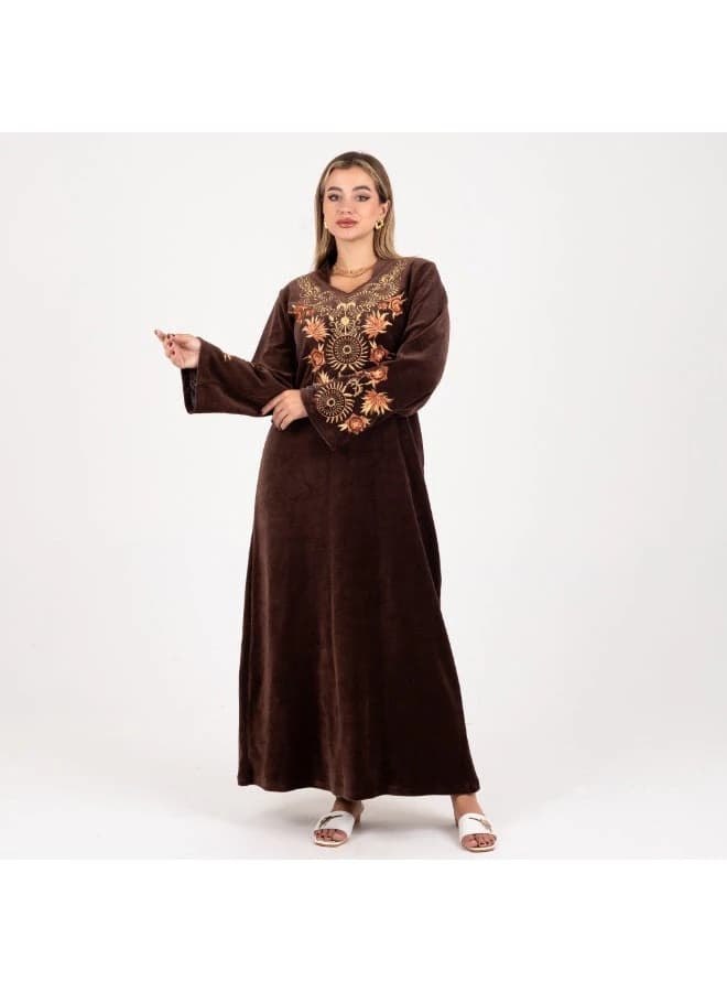 ZECOTEX Brown Velvet Embroidered Jalabiya