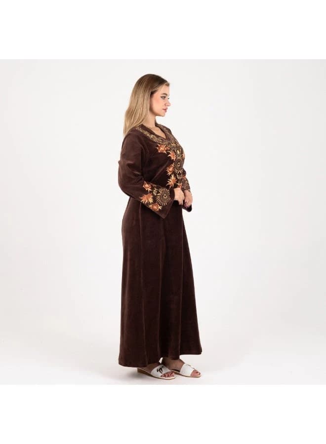 ZECOTEX Brown Velvet Embroidered Jalabiya