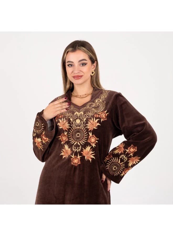 ZECOTEX Brown Velvet Embroidered Jalabiya