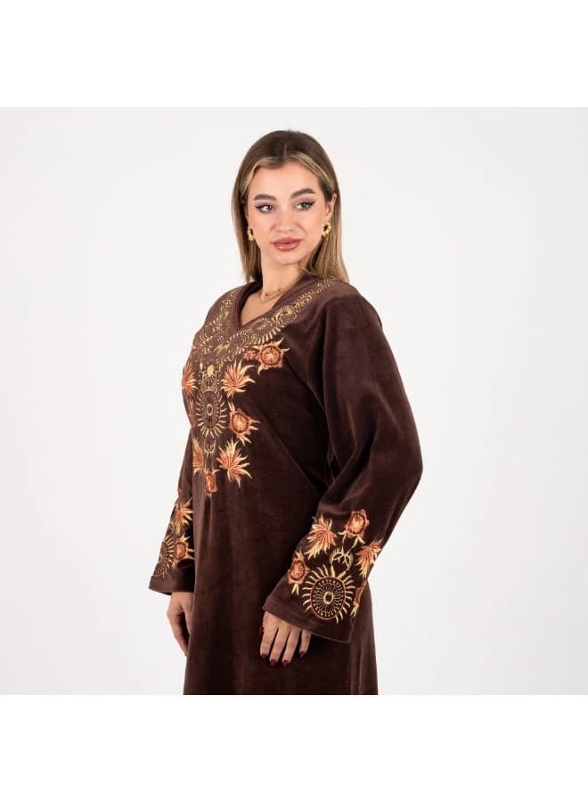 ZECOTEX Brown Velvet Embroidered Jalabiya