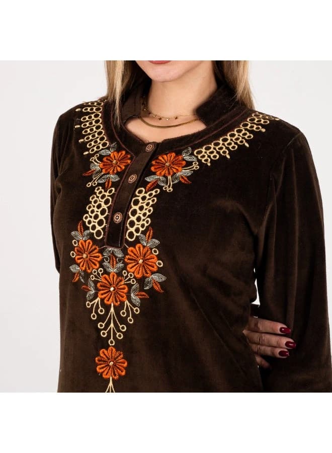 ZECOTEX Brown Velvet Embroidered Jalabiya