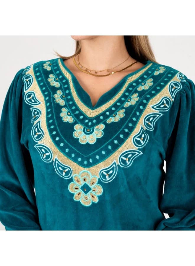 ZECOTEX Green Velvet Embroidered Abaya Full Length