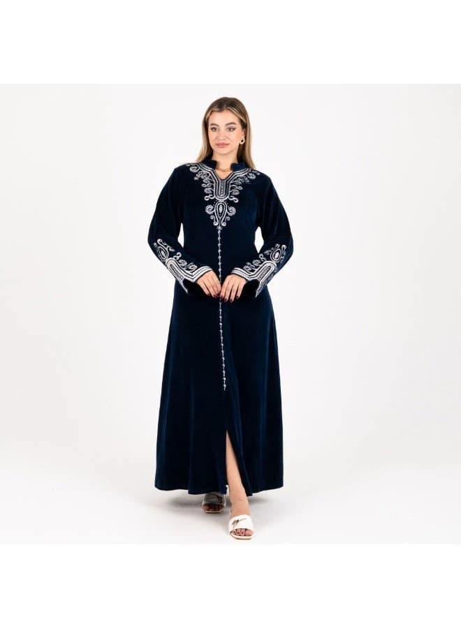 ZECOTEX Royal Navy Blue Velour Galabeya with Silver Embroidery