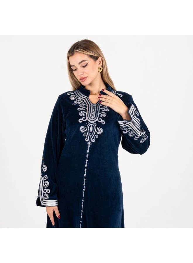 ZECOTEX Royal Navy Blue Velour Galabeya with Silver Embroidery