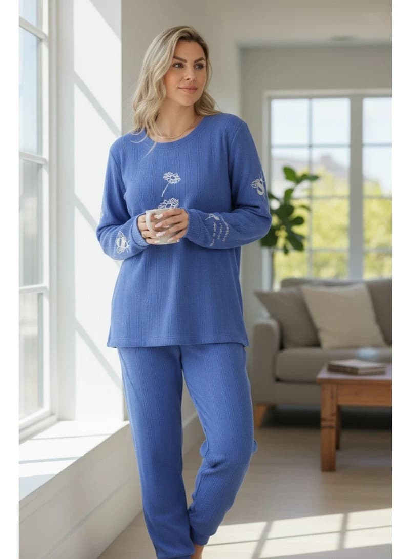 Ribbed Cotton Blend  Lounge Set with Daisy & Bee Embroidery