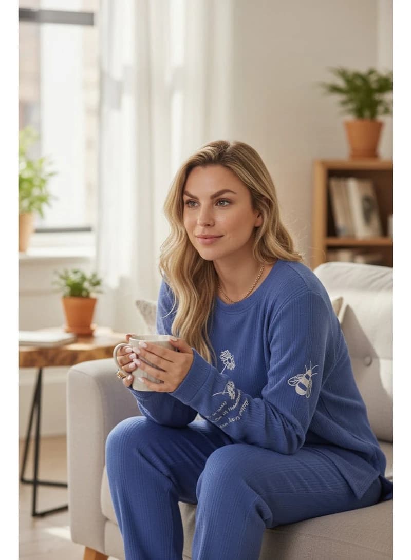 Ribbed Cotton Blend  Lounge Set with Daisy & Bee Embroidery