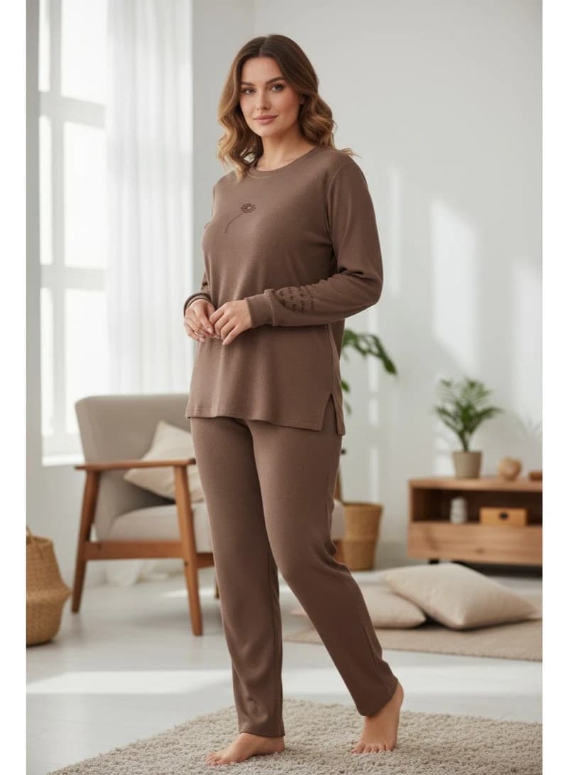 Ribbed Mocha Lounge Set with Minimalist Daisy Embroidery
