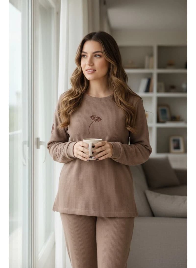 Ribbed Mocha Lounge Set with Minimalist Daisy Embroidery