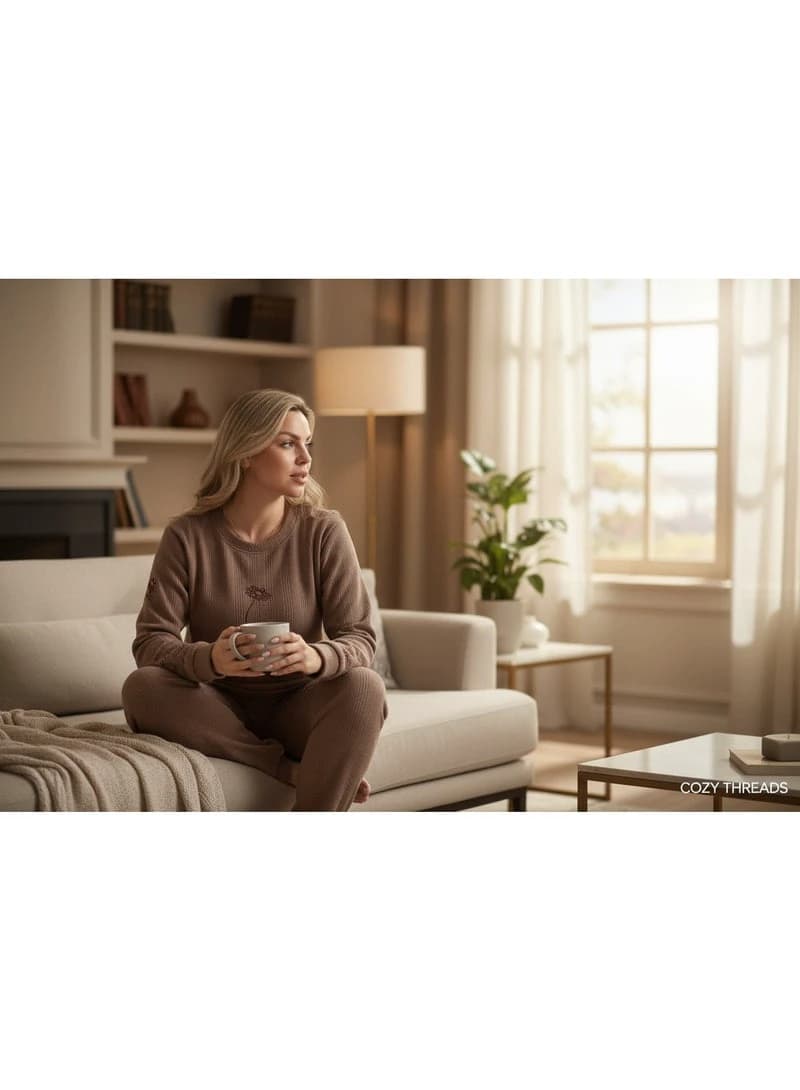 Ribbed Mocha Lounge Set with Minimalist Daisy Embroidery