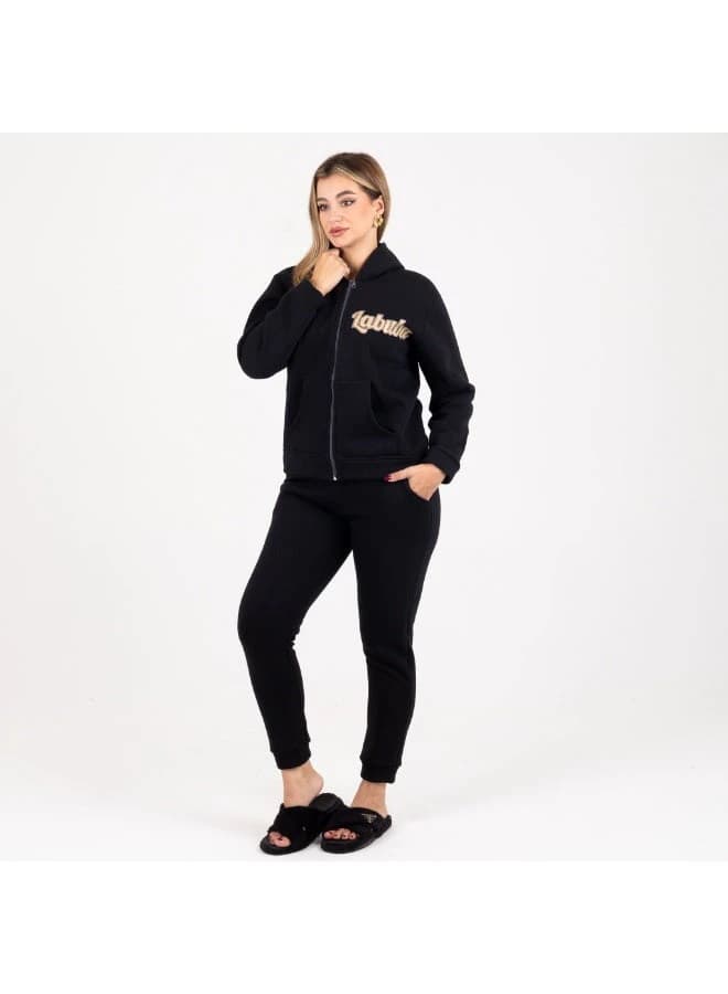Labubu Winter Fleece Tracksuit with Hood and Zipper Graphic Print