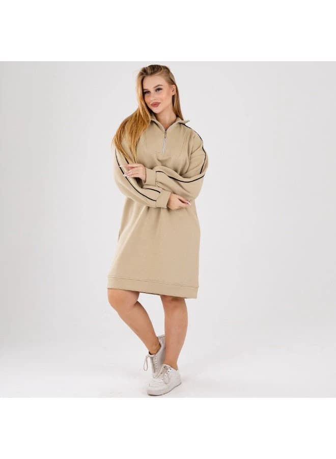Women’s Casual Oversized Hoodie Dress with Half‑Zip Collar and Striped Sleeves