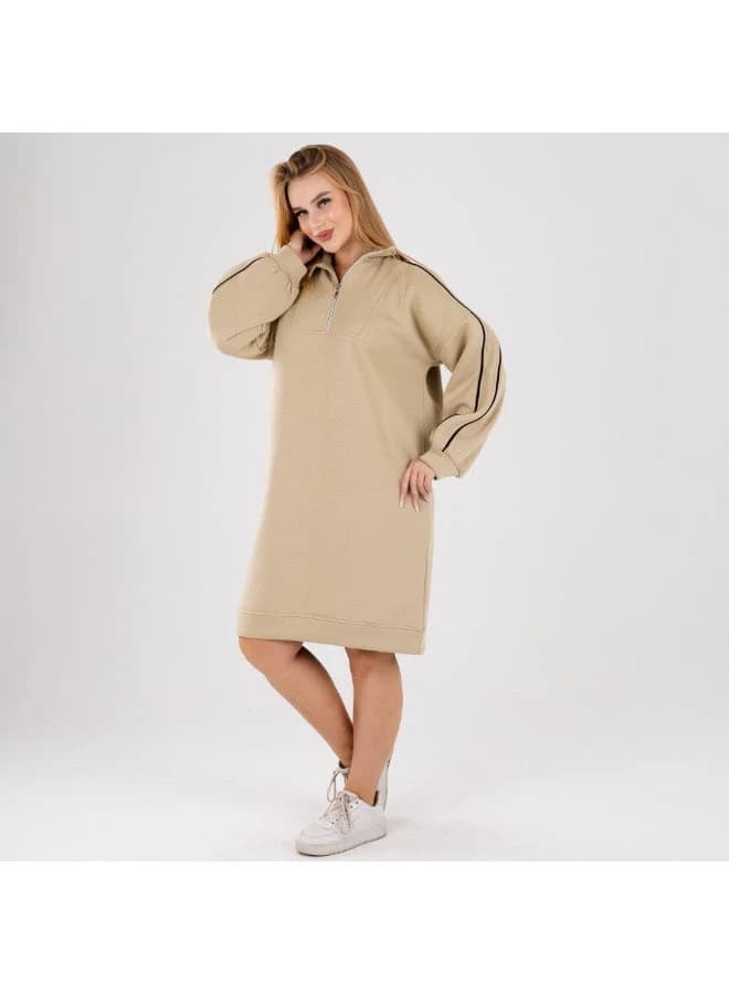 Women’s Casual Oversized Hoodie Dress with Half‑Zip Collar and Striped Sleeves
