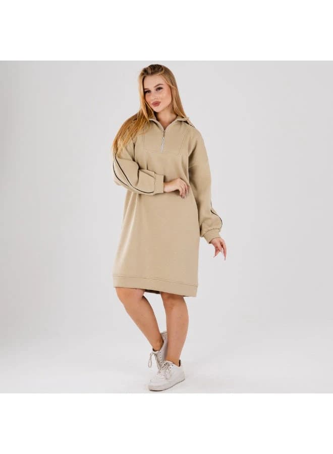 Women’s Casual Oversized Hoodie Dress with Half‑Zip Collar and Striped Sleeves