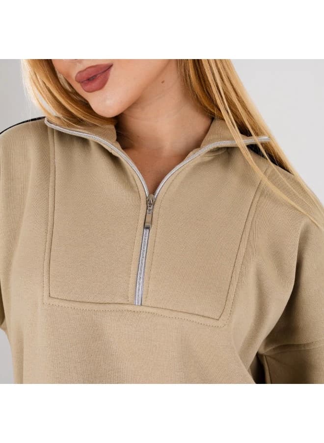 Women’s Casual Oversized Hoodie Dress with Half‑Zip Collar and Striped Sleeves