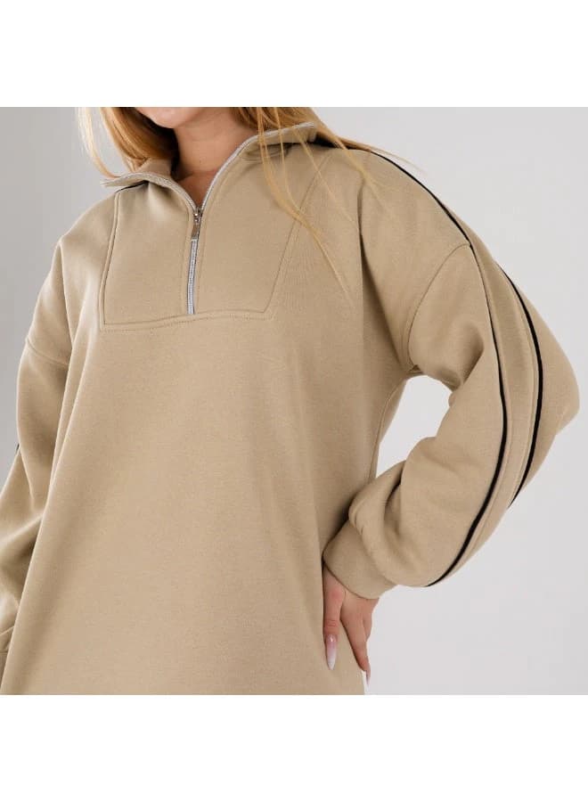 Women’s Casual Oversized Hoodie Dress with Half‑Zip Collar and Striped Sleeves