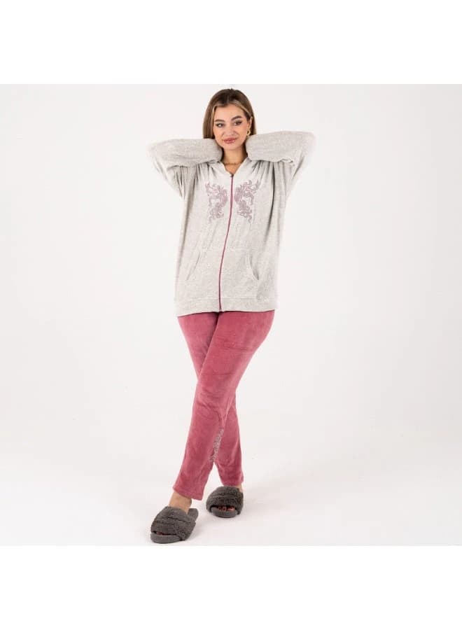 Women’s Winter Velour Hoodie Set with Zip‑Up Jacket and Lounge Pants
