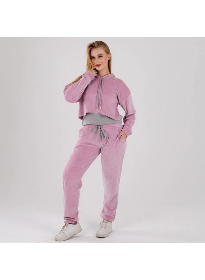 Velour Cropped Tracksuit with Cropped Hoodie and Drawstring Joggers