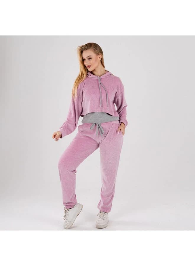 Velour Cropped Tracksuit with Cropped Hoodie and Drawstring Joggers