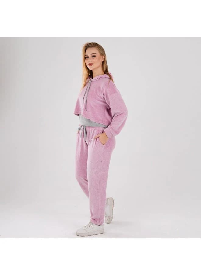 Velour Cropped Tracksuit with Cropped Hoodie and Drawstring Joggers