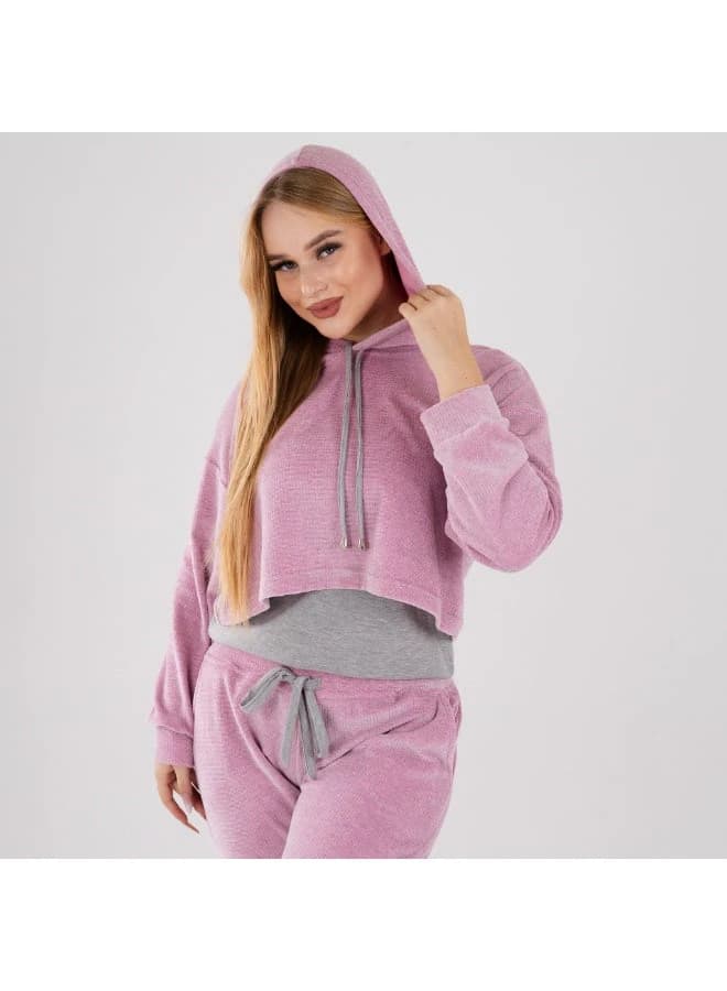 Velour Cropped Tracksuit with Cropped Hoodie and Drawstring Joggers