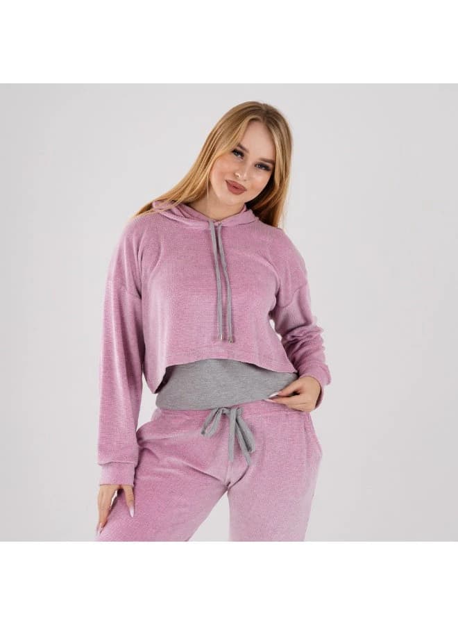 Velour Cropped Tracksuit with Cropped Hoodie and Drawstring Joggers