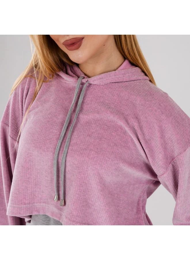 Velour Cropped Tracksuit with Cropped Hoodie and Drawstring Joggers
