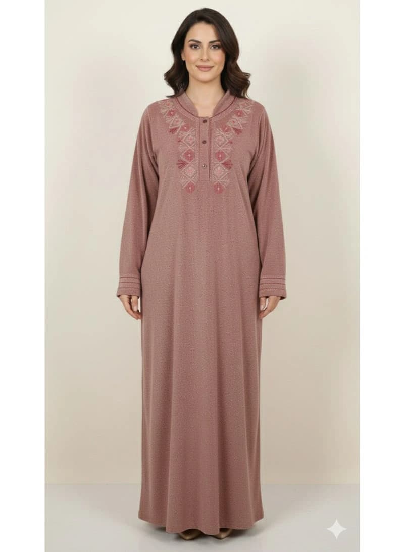 Women's Dusty Rose Velour Winter Galabeya – Geometric Embroidery