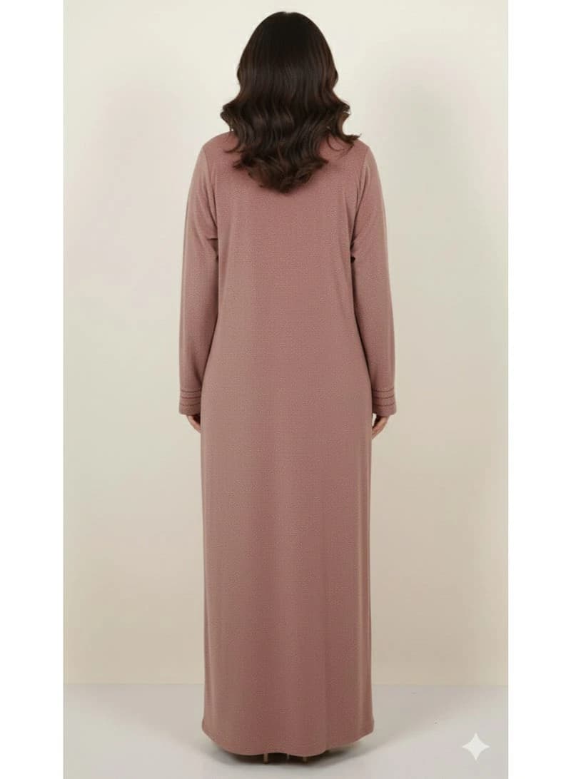 Women's Dusty Rose Velour Winter Galabeya – Geometric Embroidery
