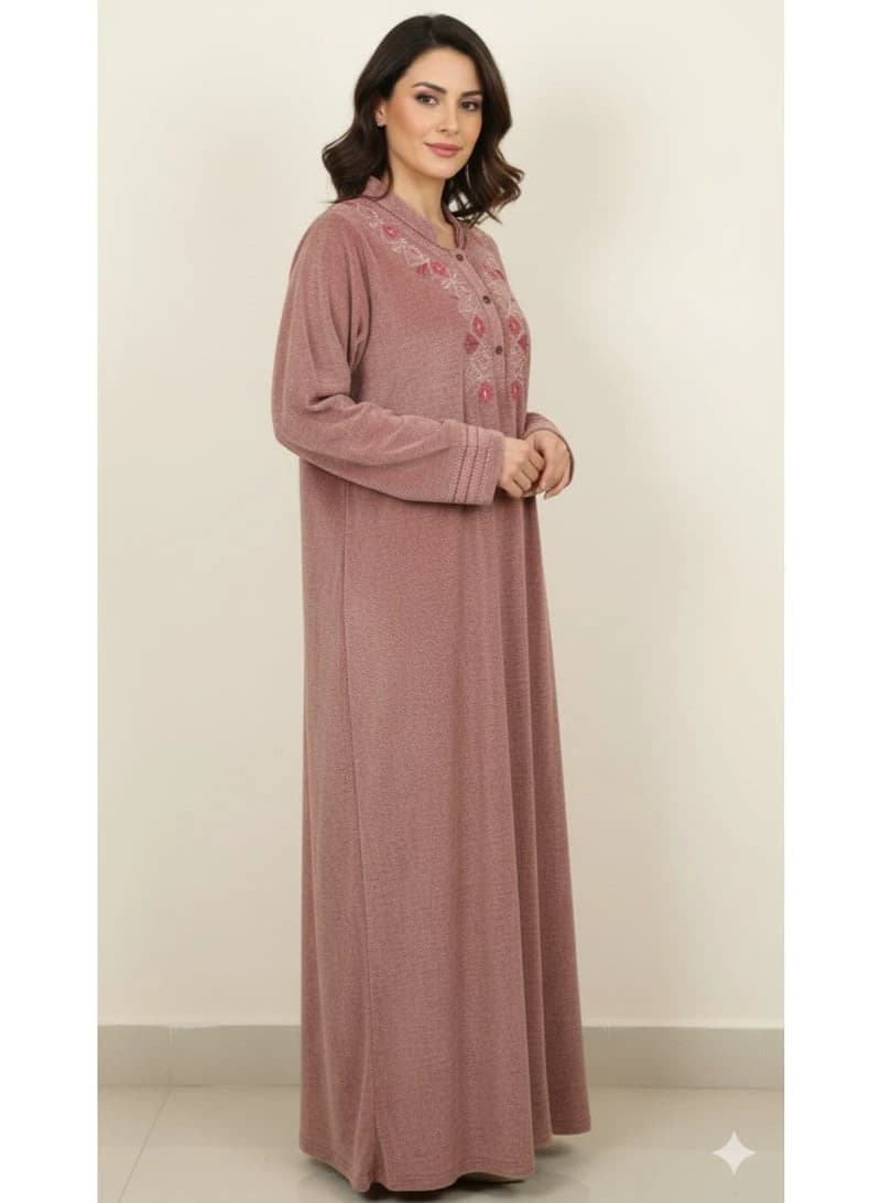 Women's Dusty Rose Velour Winter Galabeya – Geometric Embroidery