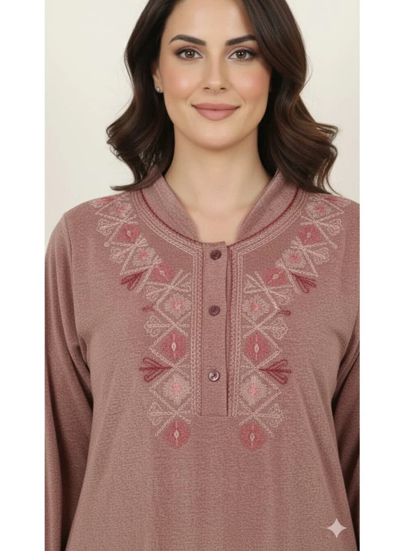 Women's Dusty Rose Velour Winter Galabeya – Geometric Embroidery