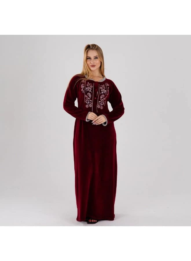 Women's Luxurious Maroon Velvet Winter Galabeya – Silver Embroidery Detail