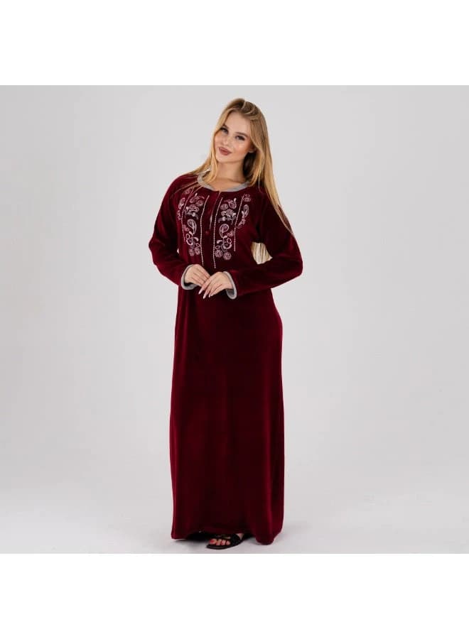 Women's Luxurious Maroon Velvet Winter Galabeya – Silver Embroidery Detail