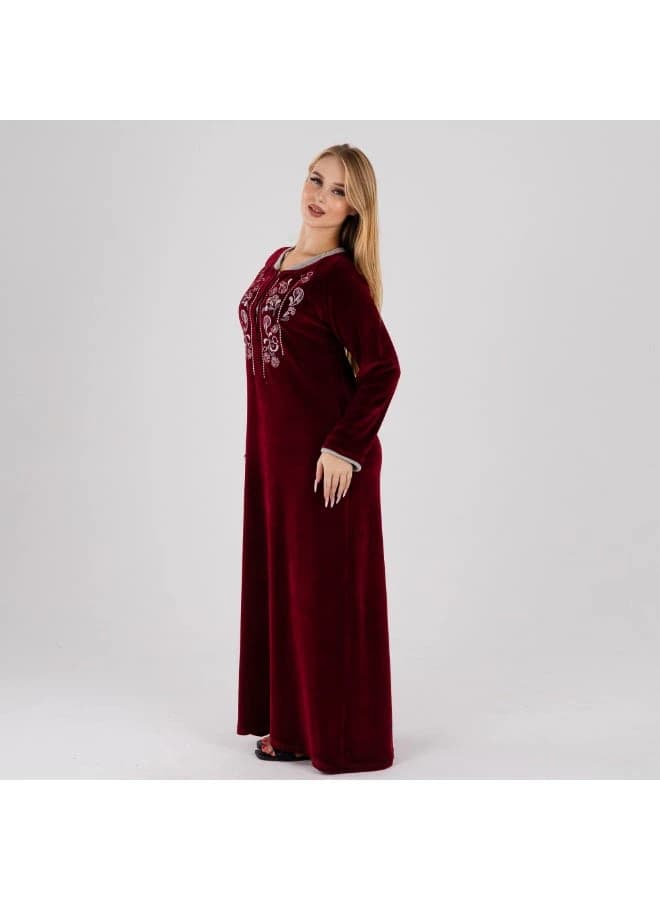 Women's Luxurious Maroon Velvet Winter Galabeya – Silver Embroidery Detail