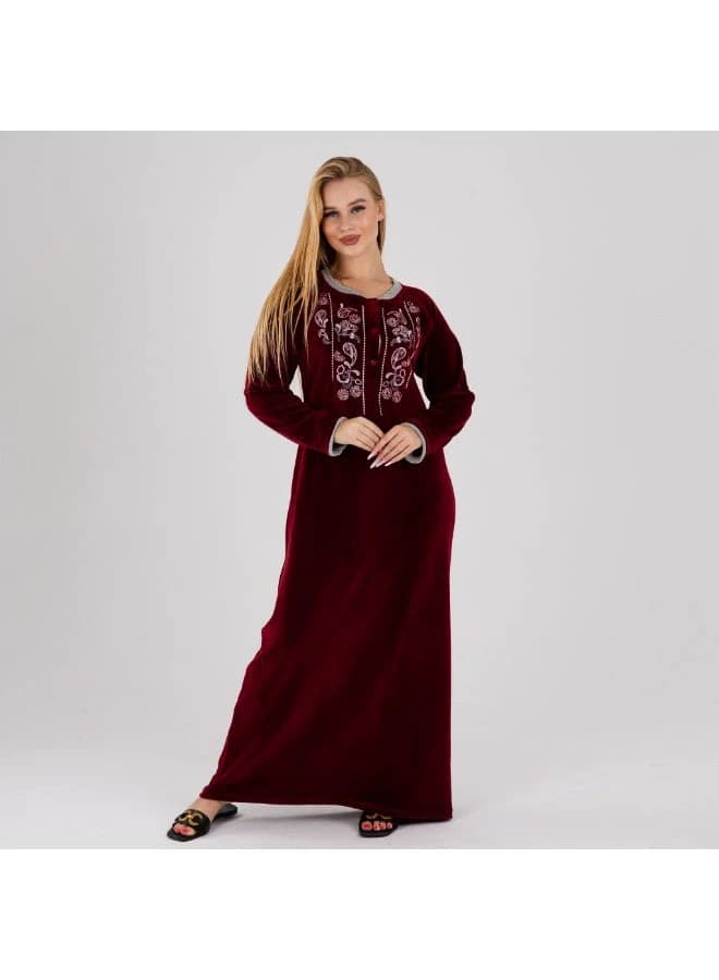 Women's Luxurious Maroon Velvet Winter Galabeya – Silver Embroidery Detail